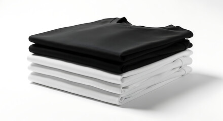 A high quality stack of neatly folded black and white cotton t-shirts on a white surface.