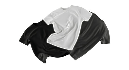 Floating white and black t-shirt mockups with dynamic wrinkled fabric design against a white background