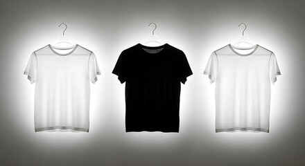 A minimalist studio display featuring three basic t-shirts in white and black tones.