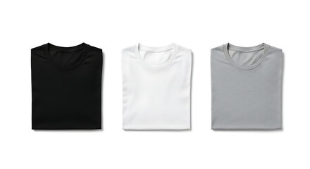Three neatly folded blank cotton t-shirts in black white and grey colors isolated on a white background