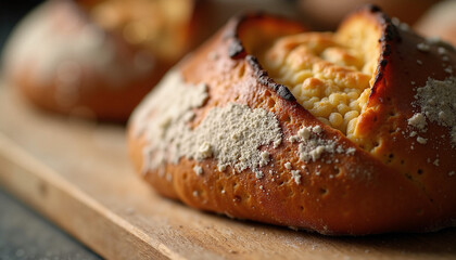 Close up of delicious freshly baked bread on wooden cutting board, rustic appearance. Golden crust and soft texture reveal quality of freshly baked bread, perfect for breakfast.