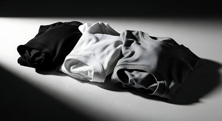 Three neatly folded cotton t-shirts in black white and grey under dramatic lighting