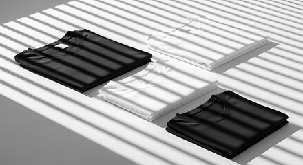 Four folded black and white t-shirts neatly arranged with dramatic window blind shadows.