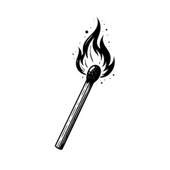 Vintage style burning matchstick with flame in black and white
