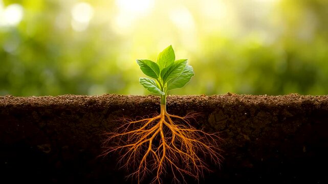 Young green plant sprout emerging from rich brown soil with detailed glowing orange root system spreading deep underground nature growth cycle
