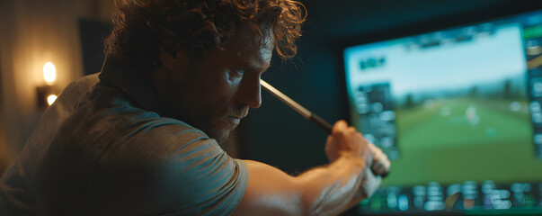 Man Playing Golf In Indoor Simulator Room, Hitting Ball on Screen in Virtual Golf Course Simulation