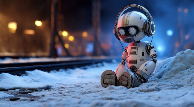 Un robot blanc adorable assis dans la neige avec un casque audio, dans un style esth&eacute;tique sovi&eacute;tique, cool et original, sur fond de gare avec rail de chemin de fer.