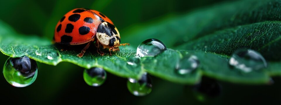 Une coccinelle sur une feuille verte avec des gouttelettes d'eau, vue en gros plan, objectif macro, vue panoramique.