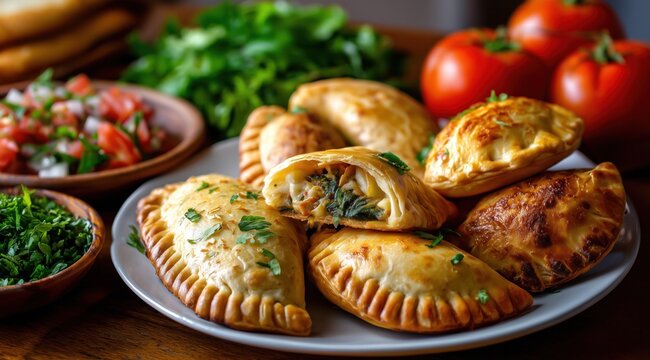 Une assiette d'empanadas &agrave; la cro&ucirc;te dor&eacute;e et garnie de farces contenant du fromage et du poulet, arri&egrave;re-plan avec tomates, salade et herbes fraiches.