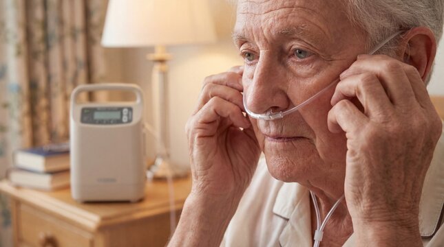 Elderly Man Receiving Oxygen Therapy at Home