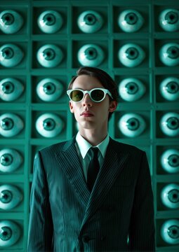 Un jeune homme en costume cravate portant des lunettes rondes, se tenant debout dans une pi&egrave;ce aux murs verts orn&eacute;s de nombreux globes oculaires, dans le style de photographie surr&eacute;aliste.