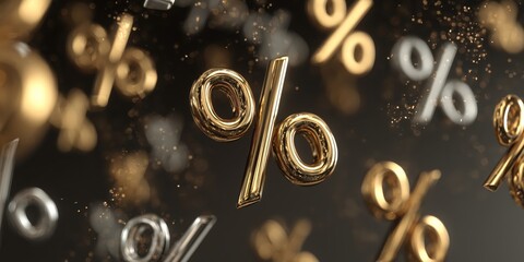 Luxury 3D percentage sign in metallic finish, surrounded by sparkling particles&mdash;ideal for promotion, pricing, and retail marketing visuals.