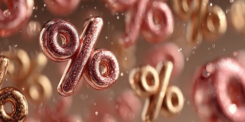 Dynamic discount concept with shiny percent icons and festive glitter, great for seasonal campaigns, coupons, and special offers.