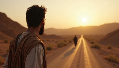 Biblical journey of a solitary figure walking on a desert road at sunset. Spiritual biblical journey portrays historical religious themes with disciples of christ.