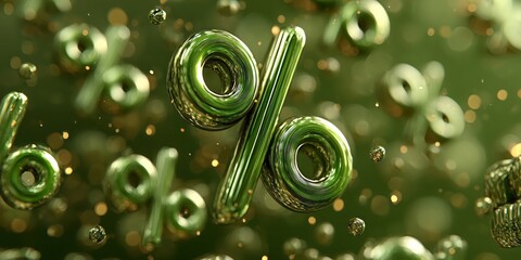 Luxury 3D percentage sign in metallic finish, surrounded by sparkling particles&mdash;ideal for promotion, pricing, and retail marketing visuals.