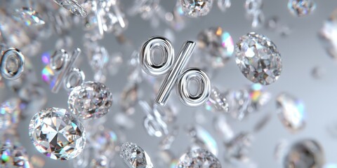 Luxury 3D percentage sign in metallic finish, surrounded by sparkling particles&mdash;ideal for promotion, pricing, and retail marketing visuals.