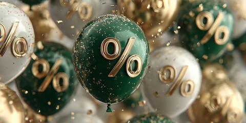 Festive promotion scene with percent-sign balloons and sparkling particles, designed for web headers, posters, and social ads.
