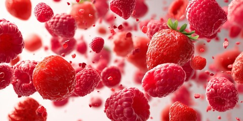 Fresh berries and tropical fruits floating in a dramatic splash, high-impact commercial image ideal for juice, dessert and vitamin promotions
