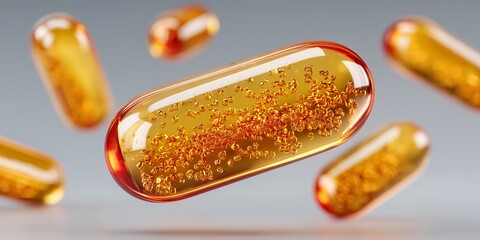 Colorful floating capsules in macro detail, clean medical concept ideal for vitamin brands, pharmacies, and wellness marketing