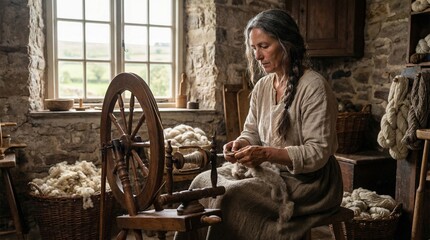 Authentic peasant woman calm and diligent spinning wool yarn on a vintage wooden wheel against a rustic stone cottage interior
