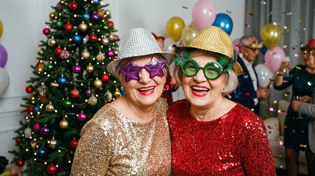 Cheerful senior women with a festive mood laughing in party hats against a blurred Christmas celebration background