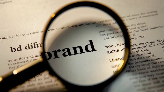 Magnifying glass enlarging section of printed newspaper page focusing on bold brand word amid blurred text lines investigative research reading detail