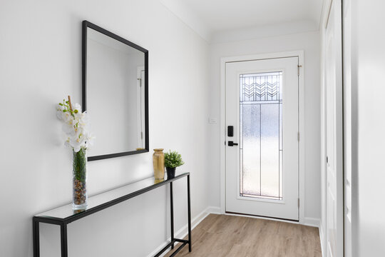 A bright white entryway hallway with a decorative console table with a mirror and plants and a frosted glass front door.