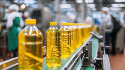 bottles of sunflower oil on the production line in a factory