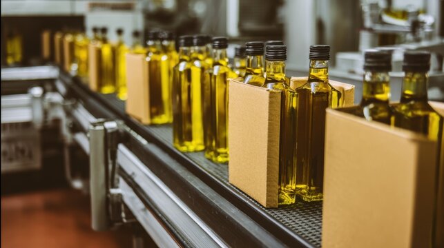 bottles of olive oil in cardboard boxes on the production line at a factory