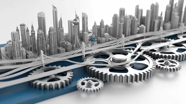 A modern city skyline integrated with gears, symbolizing innovation and engineering in urban development.