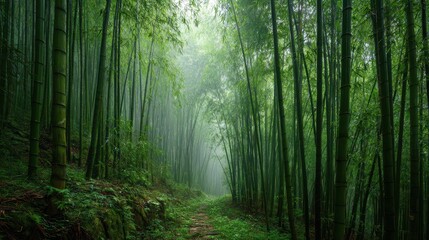 Obraz premium Tall green bamboo stalks with sunbeams in a serene forest path