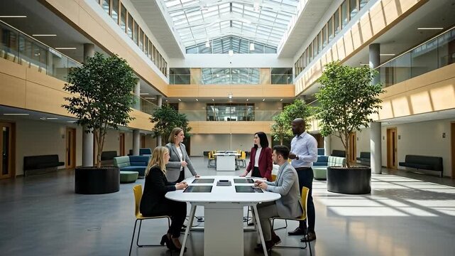 A modern office space featuring a collaborative meeting among diverse professionals in a well-lit environment.