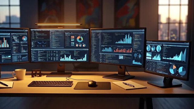 A modern workspace with multiple screens displaying data analytics and charts, ideal for tech and business professionals.