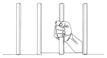 Hand gripping steel prison bars symbolizing captivity in continuous line drawing style