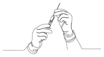 Continuous line drawing of hands holding a medical syringe for vaccination