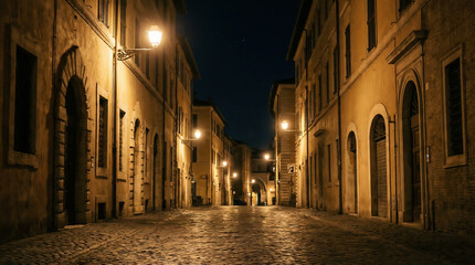 Empty historic European street at night with warm streetlights, cobblestone road, and old stone buildings, creating a quiet, mysterious, and atmospheric urban scene.