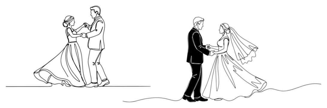 Continuous line drawing of a wedding couple dancing and getting married