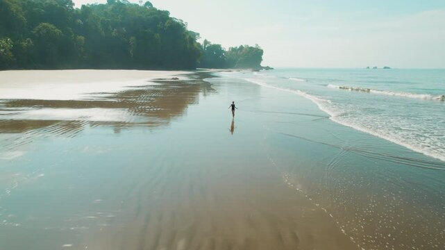 Woman in bikini running on sandy tropical beach near forest and calm ocean under sunny morning sky