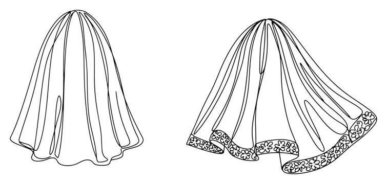 Continuous line drawing of bridal wedding veils with lace and draped fabric