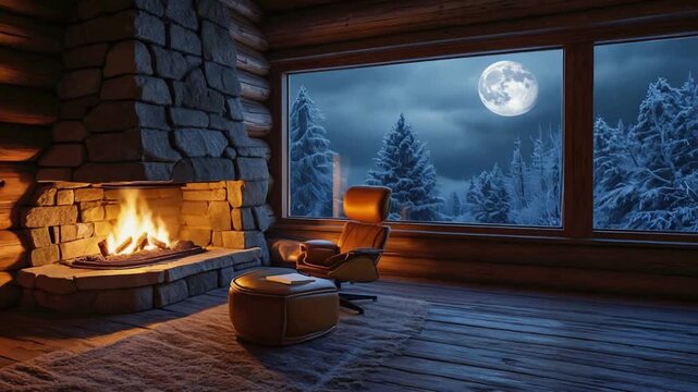 Cozy living room with roaring fireplace and large window showing a full moon over snowy forest at night