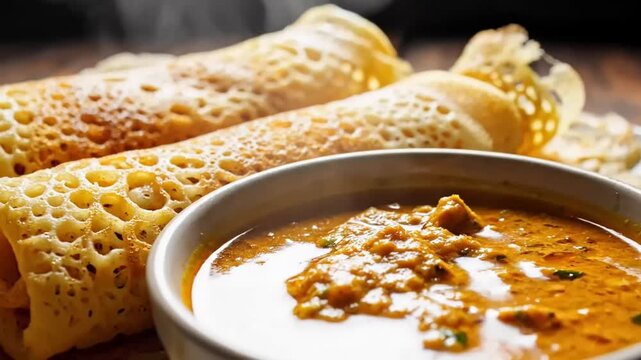 Steaming Hot Indian Dosa with Spicy Curry Sauce on Wooden Table.