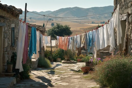 Sunlit village clotheslines with drying laundry on a warm summer day