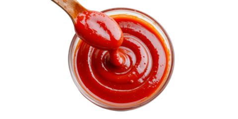 A glossy, bright red ketchup sauce swirls in a clear glass bowl, with a wooden spoon lifting a dollop.