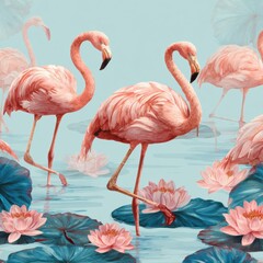 Naklejka premium Flamingo Lagoon Pattern With Pink Flamingos Standing in Water Among Lily Pads for Fun Kids Pajamas and Bathroom Wallpaper