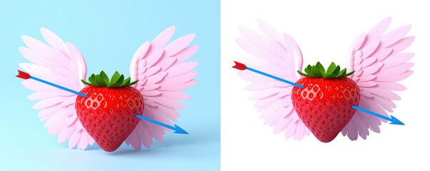 A strawberry with soft pink wings pierced by a blue arrow, floating against a pastel blue background, blending surreal romance, fantasy symbolism, and playful conceptual design.