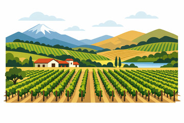 Vector Illustration of Central Chile Vineyards with Geometric Stylized Landscapes on a White Background
