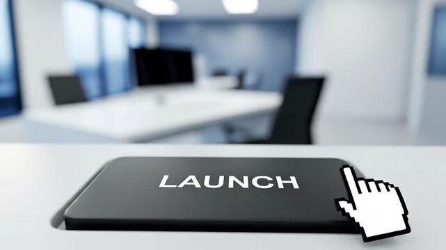 A close-up of a launch button in a modern office setting, symbolizing innovation and new beginnings in a professional environment.
