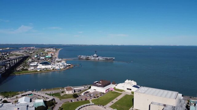 Aircraft Carrier & Corpus Christi Harbor | Drone Aerial View 4K