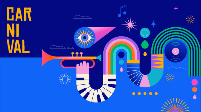 Colorful carnival and music festival poster and banner with abstract musical instruments