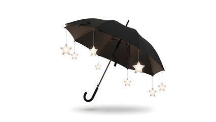 Magical Black Umbrella with Hanging Glowing Stars Isolated on White Background